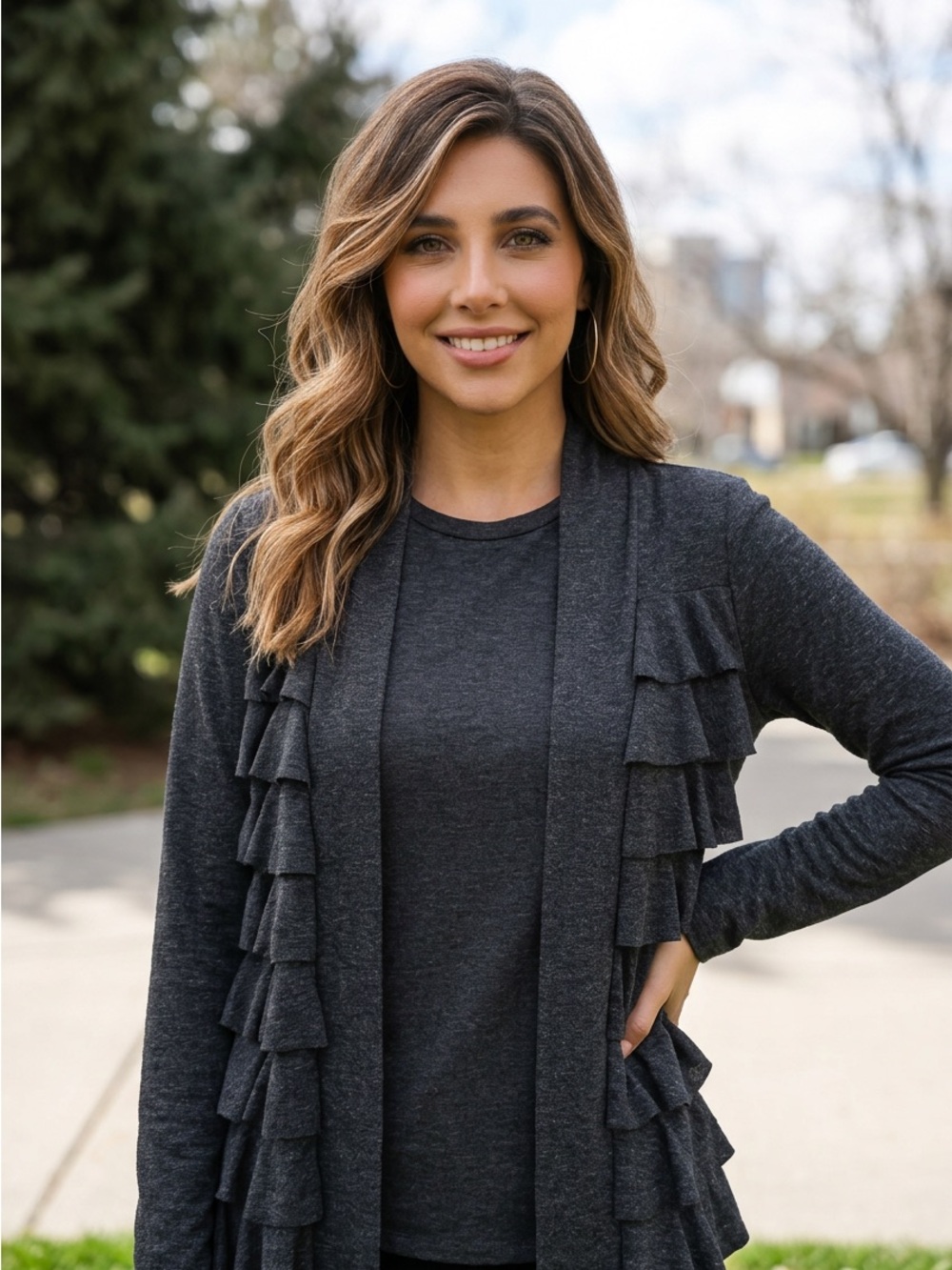 Marc Bouwer Dark Gray Ruffle Open-Front Cardigan